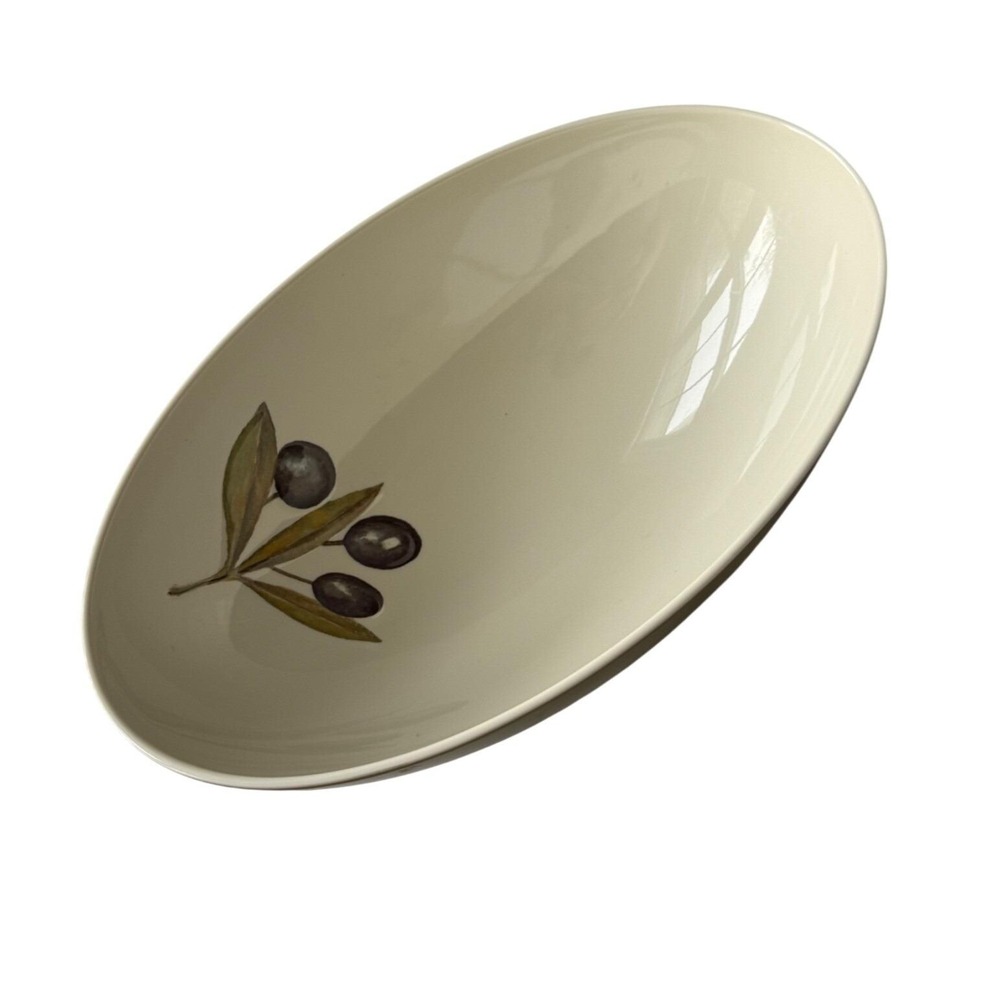 Vintage 70s Avocado Green Melamine Pedestal‎ Bowl — Olive Branch Oval Melmac - Picture 3 of 9